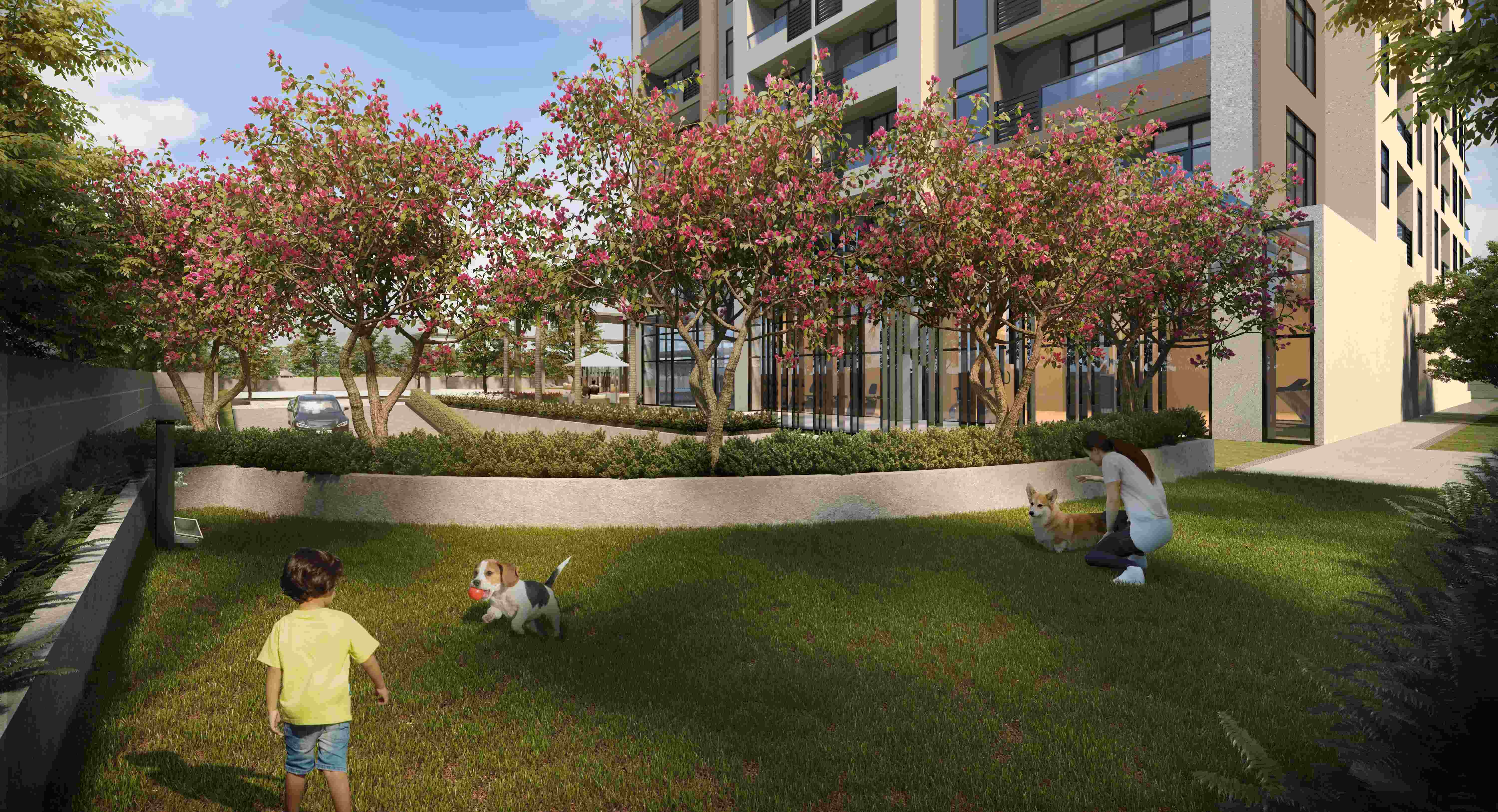 The pet park offers residents and their furry companions a space to play and unwind.