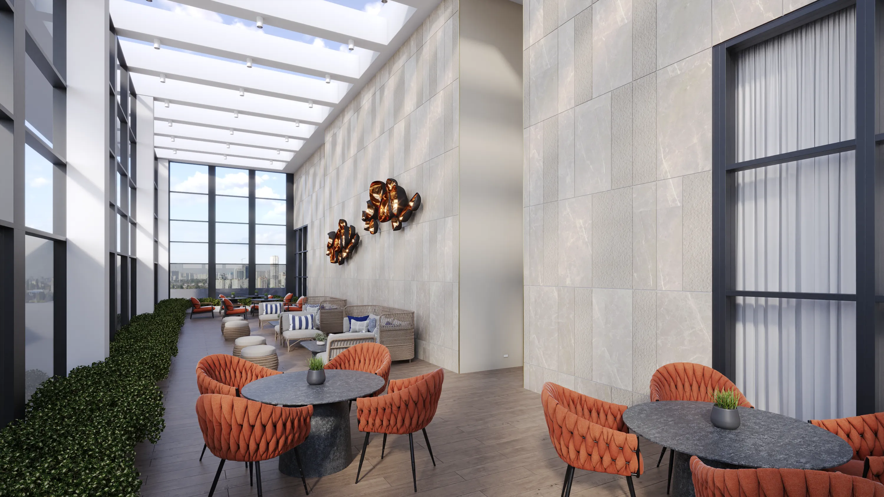 The Sky Lounge provides an elevated space for&nbsp;relaxation and social gatherings with panoramic views of the Metro South Skyline.